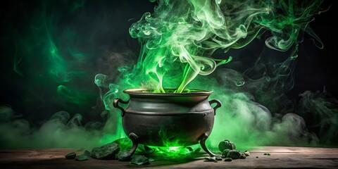 A cauldron of mystery brews, its contents churning with an otherworldly intensity, surrounded by an eerie green haze