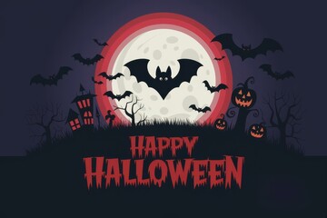 Spooky Halloween Scene with Bats, Pumpkins, and Full Moon