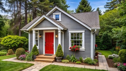 A charming cottage features gray clapboard siding, crisp white trim, and a bold red front door surrounded by