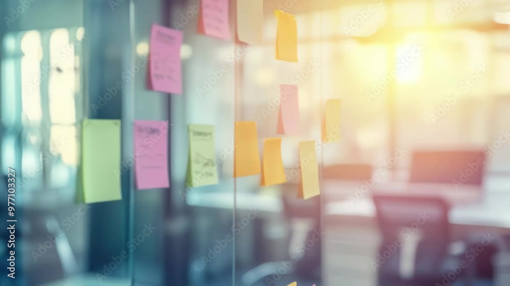 Aufkleber office glass wall covered with colorful sticky notes for business planning and idea development. tea