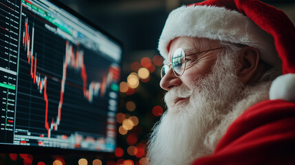 Santa Claus looks at the HUD menu. Stock charts. Brokerage terminal.