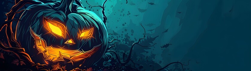 A spooky Halloween pumpkin with glowing eyes, surrounded by dark, eerie foliage, creating a haunting autumn atmosphere.