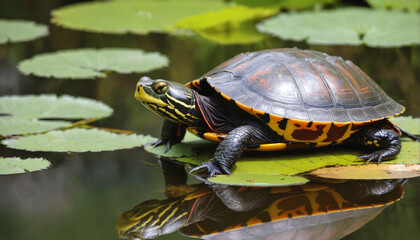 Obraz premium yellowbellied slider turtle on water lily pad