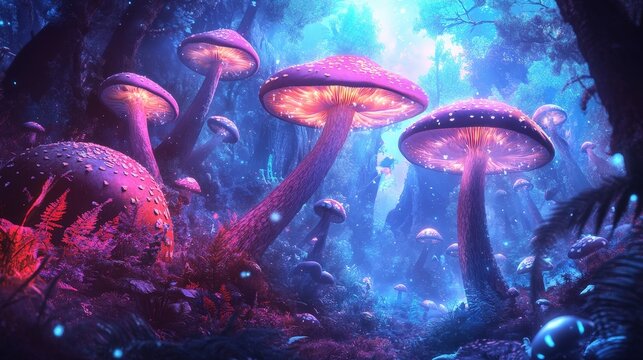 An imaginative illustration of magic mushrooms growing in a fantastical realm with floating, luminous objects and a vibrant, otherworldly atmosphere.