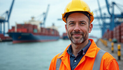 Portrait of a seaport worker in high-visibility vest and hard hat, set against a blurred harbor backdrop.






