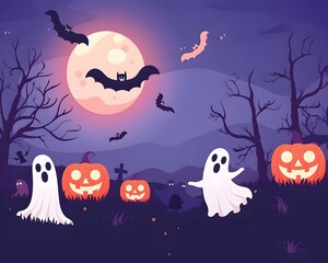 A spooky Halloween scene with ghosts, bats, and glowing pumpkins under a full moon. Perfect for festive decorations.