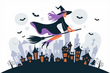 Whimsical Halloween Witch Flying Over Spooky Town - Playful Halloween Illustration for Festive Marketing