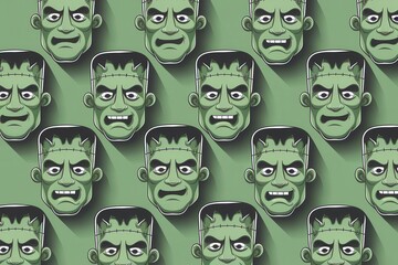 Cartoon Frankenstein Faces on Green Background - Playful Halloween Character Design Pattern for Festive Marketing