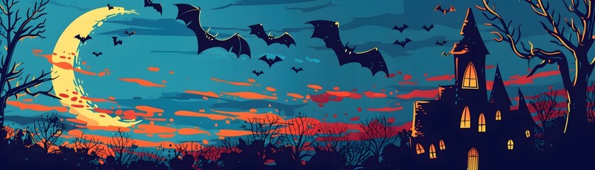 Obraz premium A spooky night scene featuring a haunted castle, glowing moon, and flying bats against a colorful twilight sky.