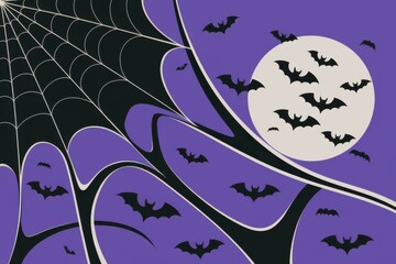 Stylized Halloween Spider Web with Bats and Full Moon on Purple Background - Modern Halloween Graphic Design