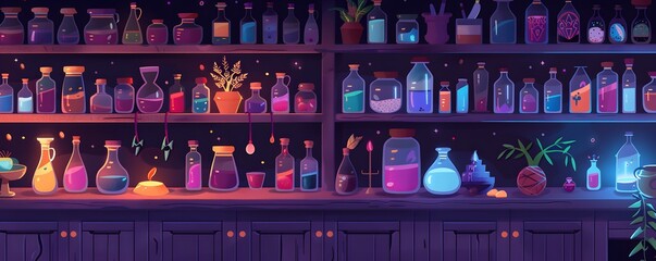 A vibrant potion shelf filled with colorful bottles, flasks, and mysterious plants, creating an enchanting chemistry atmosphere.