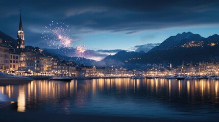Fireworks burst in purple and gold colors over a tranquil lake, with city lights twinkling in the background, creating a stunning reflection on the water's surface.