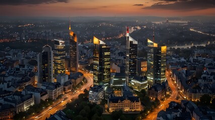 Fototapeta premium Aerial panoramic view of Frankfurt, Germany captured at dusk
