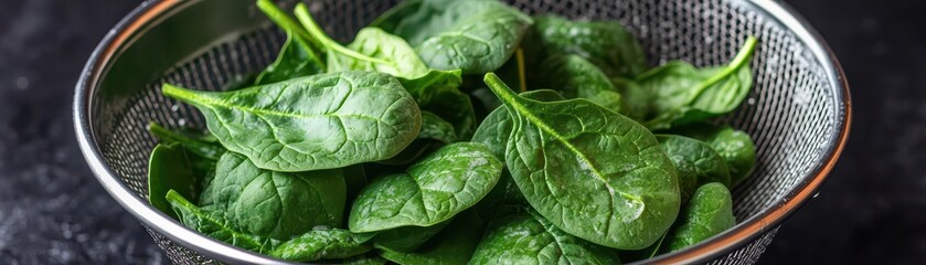 Obraz premium Fresh spinach leaves being washed in a colander, brain-boosting greens, healthy cooking preparation