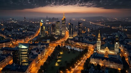 Obraz premium Aerial panoramic view of Frankfurt, Germany captured at dusk