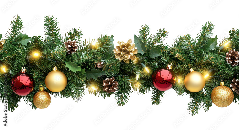 Wall mural seamless decorative christmas border with coniferous branches and garlands of christmas lights and o