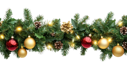 Seamless decorative christmas border with coniferous branches and garlands of christmas lights and ornaments cosmetics festival perfume.