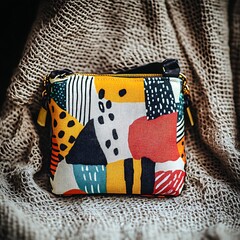 Colorful Geometric Pattern Handbag on a Fabric Background.