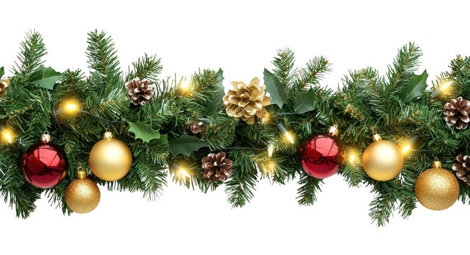 Seamless decorative christmas border with coniferous branches and garlands of christmas lights and ornaments cosmetics festival perfume.