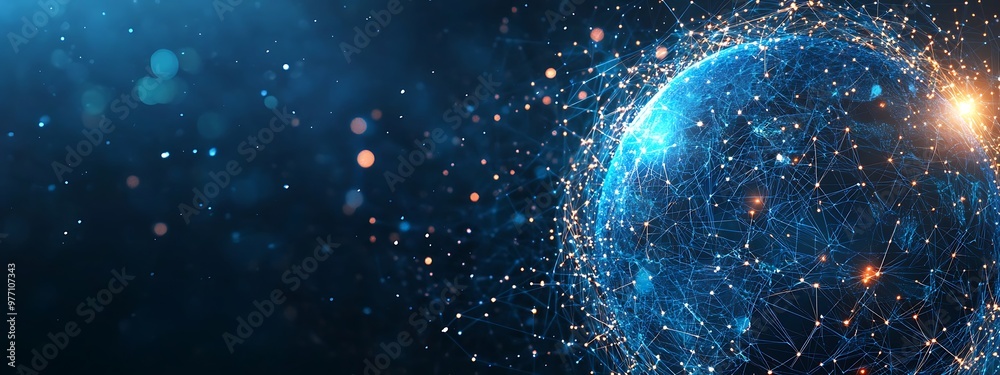 Poster a blue globe surrounded by a network of interconnected lines and glowing points