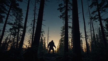 Silhouette of Bigfoot in a forest at night. Illustration of a Sasquatch