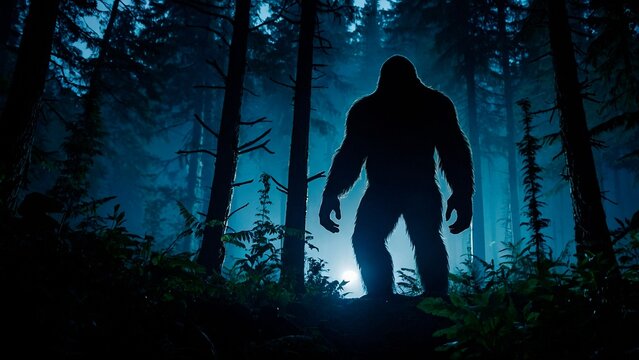 Silhouette of Bigfoot in a forest at night. Illustration of a Sasquatch