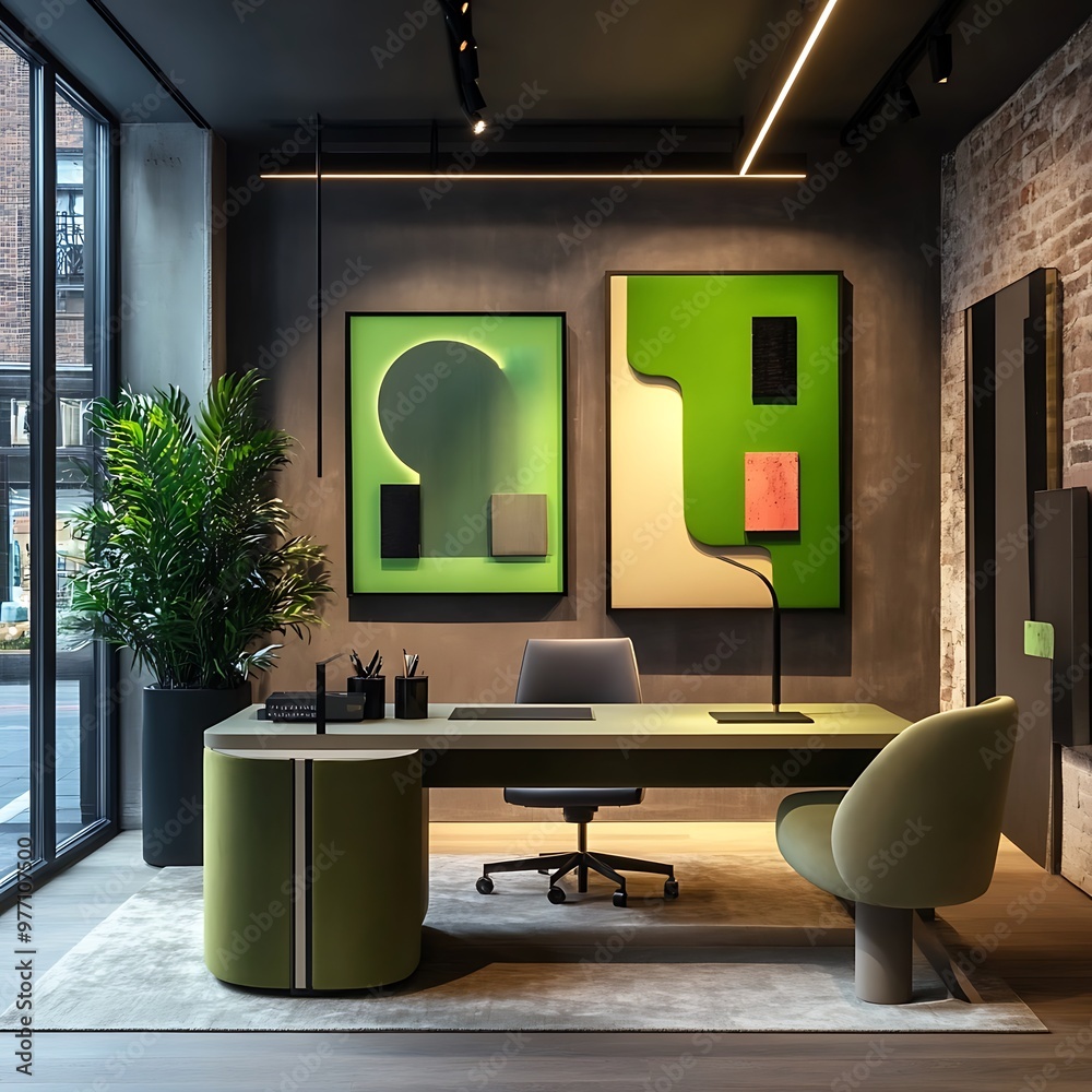 Canvas Prints Modern Office Interior Design with Green Accents and Geometric Artwork.