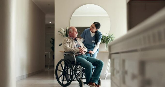 Nurse, senior care and wheelchair with help, elderly man and wellness for health in nursing home. Pensioner, person with a disability and assistance by caregiver in recovery at rehabilitation clinic