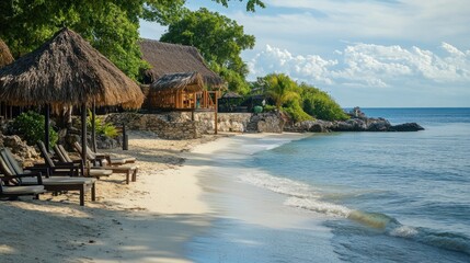 A beachside resort with thatched-roof huts, lounge chairs, and a calm sea in the background.