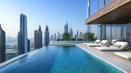 Fototapeta premium A cityscape view from a rooftop terrace with lounge chairs and an infinity pool overlooking skyscrapers.