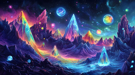 Fototapeta premium A surreal mountain range made of neon-colored crystals, with floating bubbles of light, glowing animals, and a sky filled with swirling, vibrant galaxies.