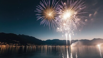 Fireworks burst in purple and gold colors over a tranquil lake, with city lights twinkling in the background, creating a stunning reflection on the water's surface