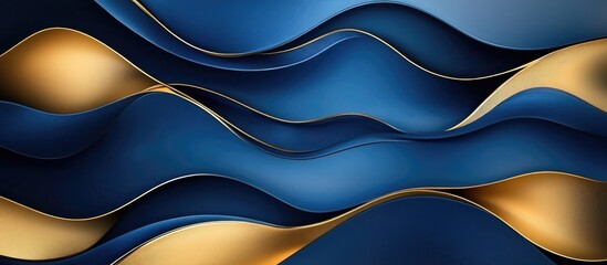 3D Wave Silk Blue And Gold Motif Background Illustration