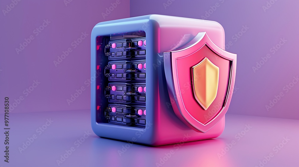 Poster 3d render of a secure data server with a protective shield, symbolizing cybersecurity and data prote