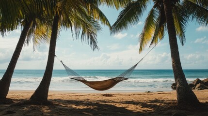 A hammock tied between two palm trees on a beach, gently swaying in the breeze with ocean waves in the background.