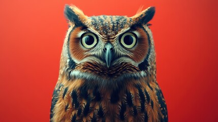 Obraz premium A detailed and vivid image of an owl with large, expressive eyes, set against a striking red background, showcasing its intricate feathers and intense gaze
