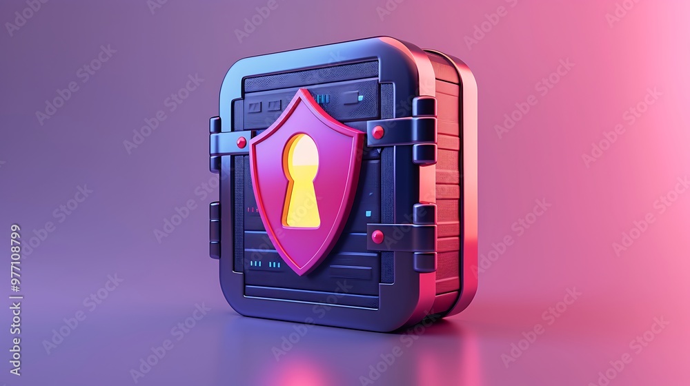 Poster a colorful 3d representation of a secure vault with a shield and keyhole, symbolizing security and p
