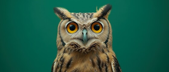 Fototapeta premium A striking owl with large yellow eyes and intricate feather patterns, set against a vibrant green background, showcasing its keen gaze and majestic presence