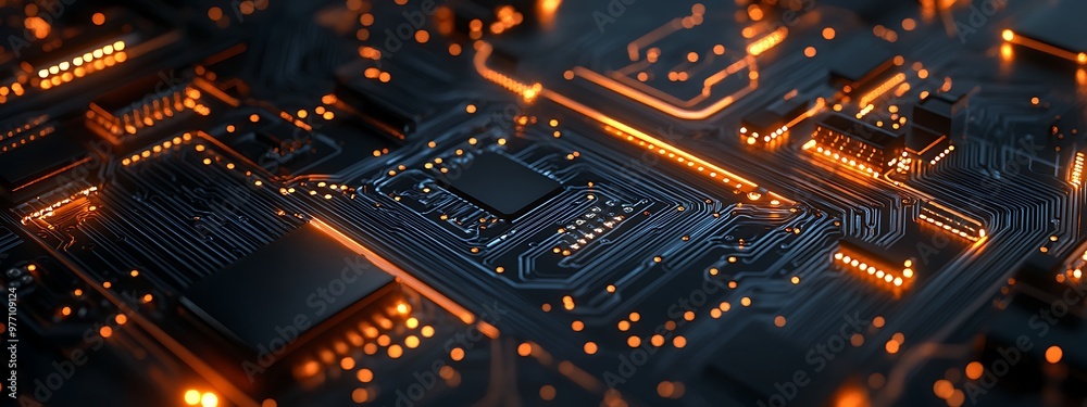 Poster Close-up of an illuminated circuit board with intricate pathways and glowing components.