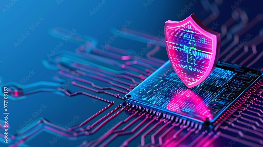 Wall mural a colorful digital shield symbolizing cybersecurity protection over a microchip, illustrating techno