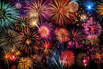 Fototapeta premium Colorful fireworks display in night sky marking anniversaries and festive holidays