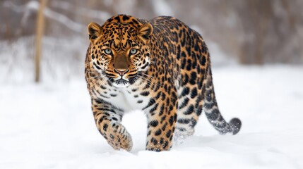 Amur Leopard Stalking Through a Snowy Landscape, a Critically Endangered Species in its Natural Habitat, Displaying its Majestic Beauty and Prowess