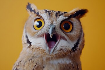 A close-up of an expressive owl with vibrant yellow eyes and open mouth, set against a bright yellow background