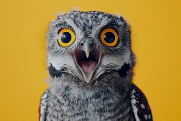 Naklejka premium A close-up of a surprised-looking owl with large yellow eyes and a wide-open beak, set against a vibrant yellow background