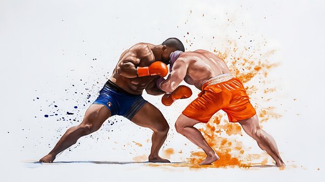 Powerful Watercolor of Sambo Athlete Grappling in Intense Competition 