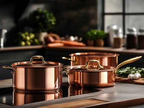 Copper Pots on a Modern Kitchen Countertop, Ready for Cooking