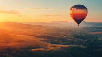 Obraz premium A picturesque view of a hot air balloon floating over a valley at sunrise, with rolling hills below.