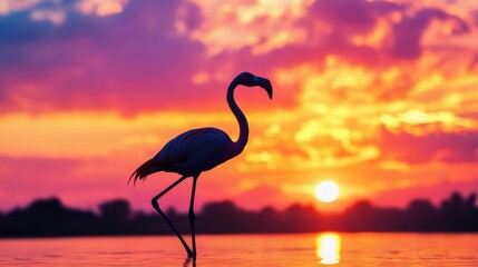 Naklejka premium Flamingo Silhouette at Sunset with Dramatic Sky and Water Reflection