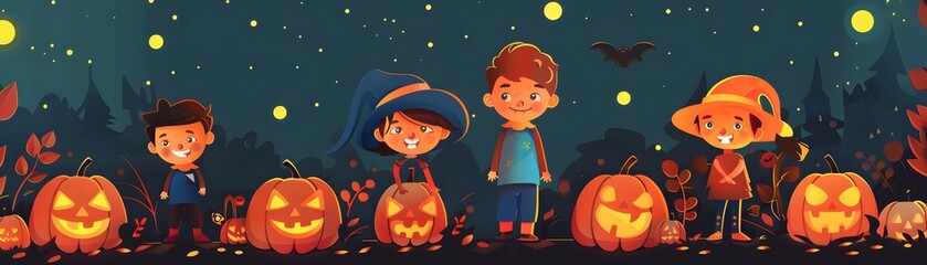 Cheerful children celebrate Halloween with carved pumpkins, wearing costumes against a spooky night backdrop filled with stars.