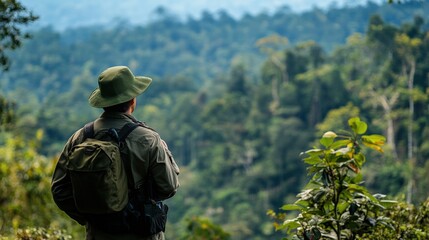 Ranger in Green Uniform and Hat Surveys Lush Forest Landscape
